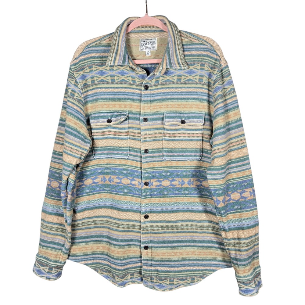 Lucky Brand Southwestern Jacquard Button Down Shirt Mens L Geometric Aztec Blue